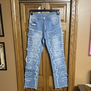 SHEIN Ripped Light Blue Slim Straight Jeans